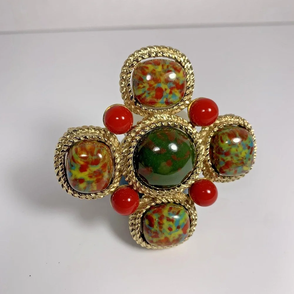 Vintage Sarah Coventry Signed Large Mosaic Maltese Cross‎ Brooch Pin Gold Tone